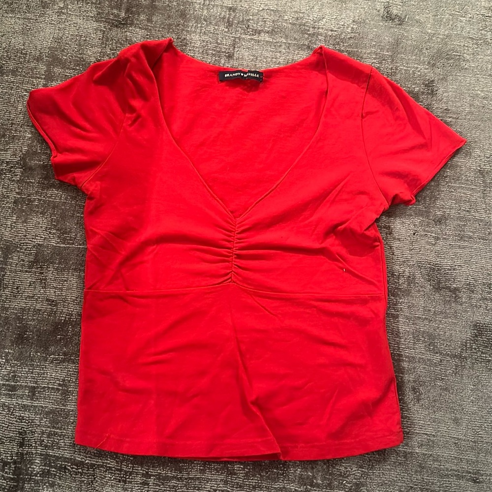 Brandy Melville Red Short Sleeve V Neck Top